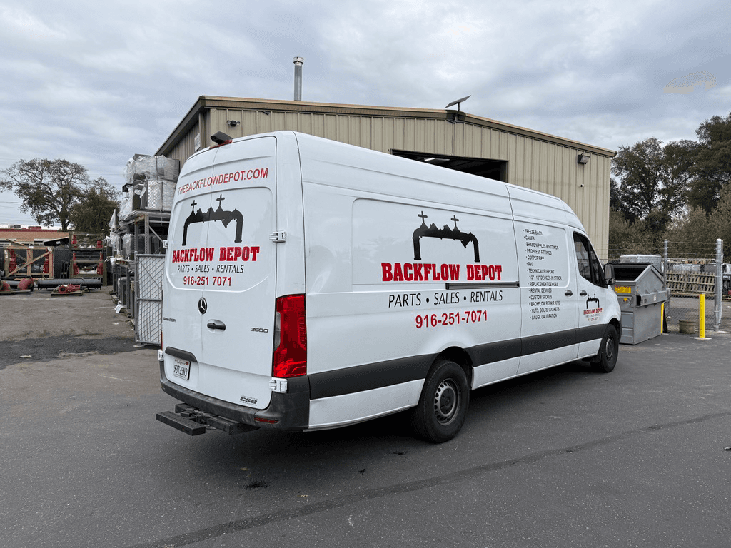 The Backflow Depot branded delivery van at the Rocklin, CA warehouse